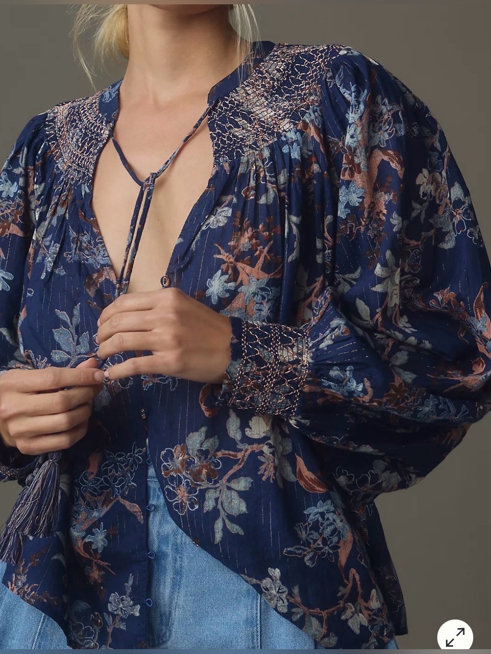 Anthropology Long Sleeve  Smocked  Jacquard Top Size Medium - Picture 6 of 17